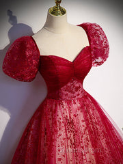 A Line Burgundy Tulle Sequin Long Evening Prom Dress, Burgundy Evening Dress