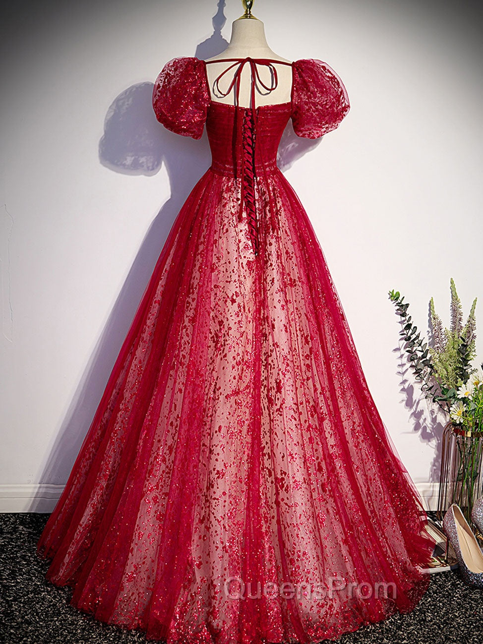 A Line Burgundy Tulle Sequin Long Evening Prom Dress, Burgundy Evening Dress