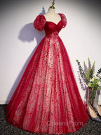 A Line Burgundy Tulle Sequin Long Evening Prom Dress, Burgundy Evening Dress