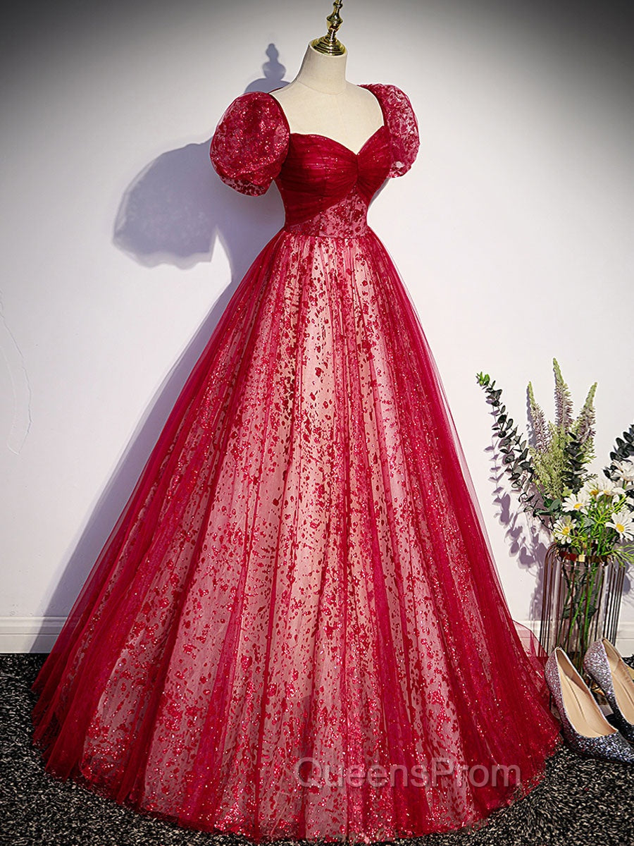 A Line Burgundy Tulle Sequin Long Evening Prom Dress, Burgundy Evening Dress