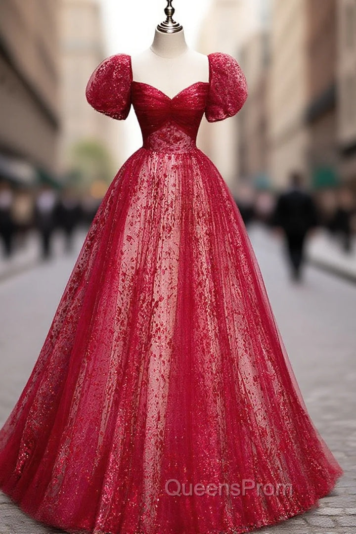 A Line Burgundy Tulle Sequin Long Evening Prom Dress, Burgundy Evening Dress Main image