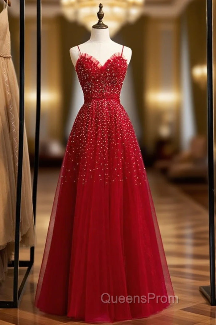 A-Line Burgundy Tulle Spaghetti Straps Beading Evening Prom Dress