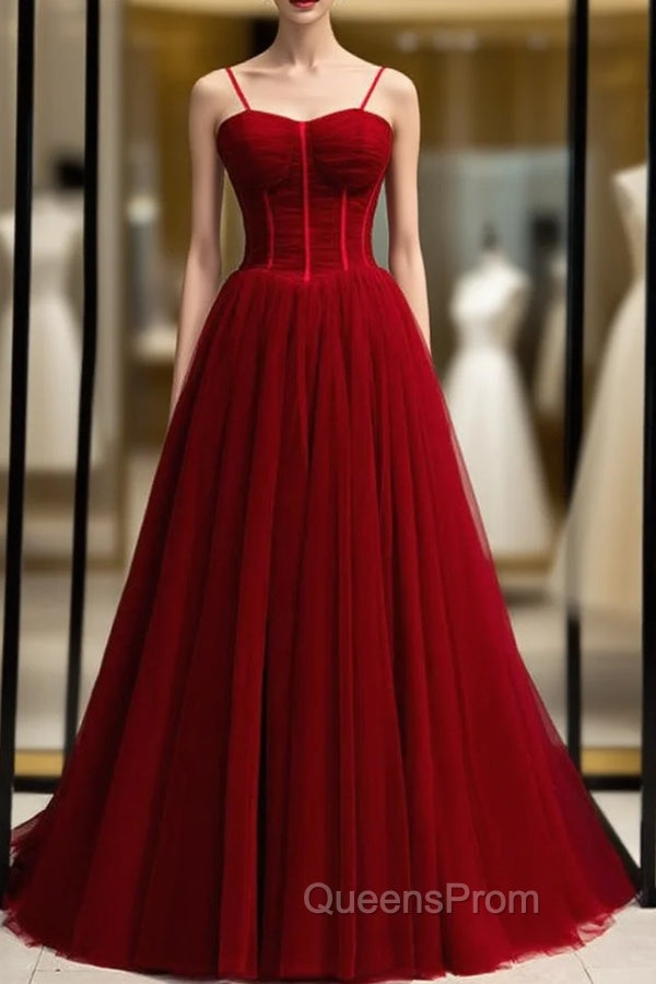 A-Line Burgundy Tulle Spaghetti Straps Pleats Evening Prom Dress Main image
