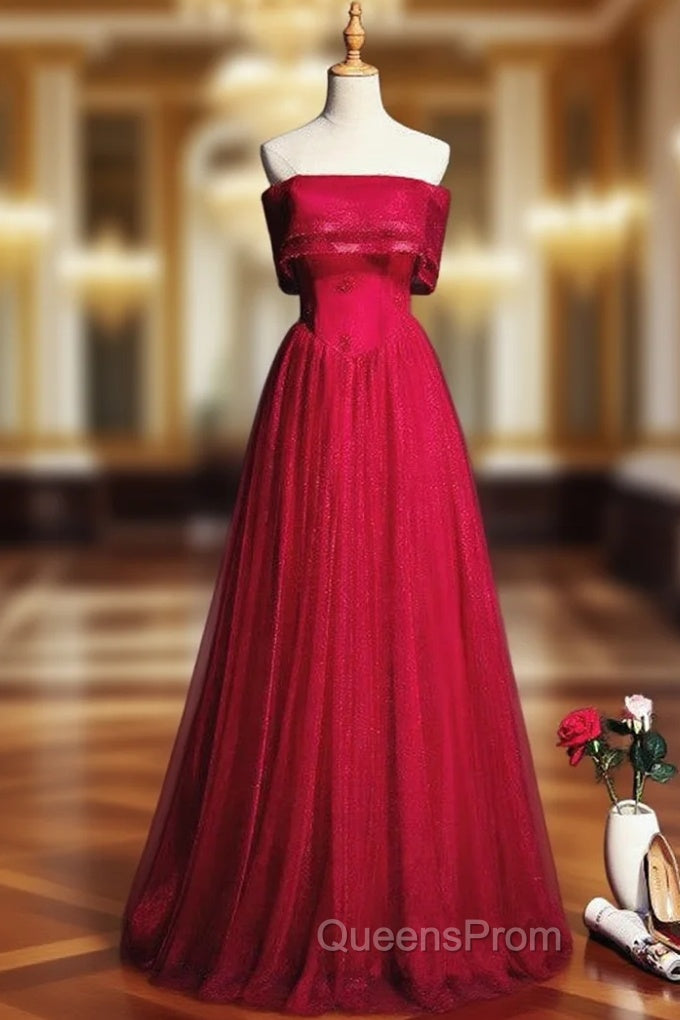 A-Line Burgundy Tulle Strapless Beading Evening Prom Dress Main image