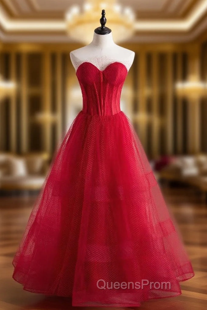 A-Line Burgundy Tulle Sweetheart Evening Prom Dress