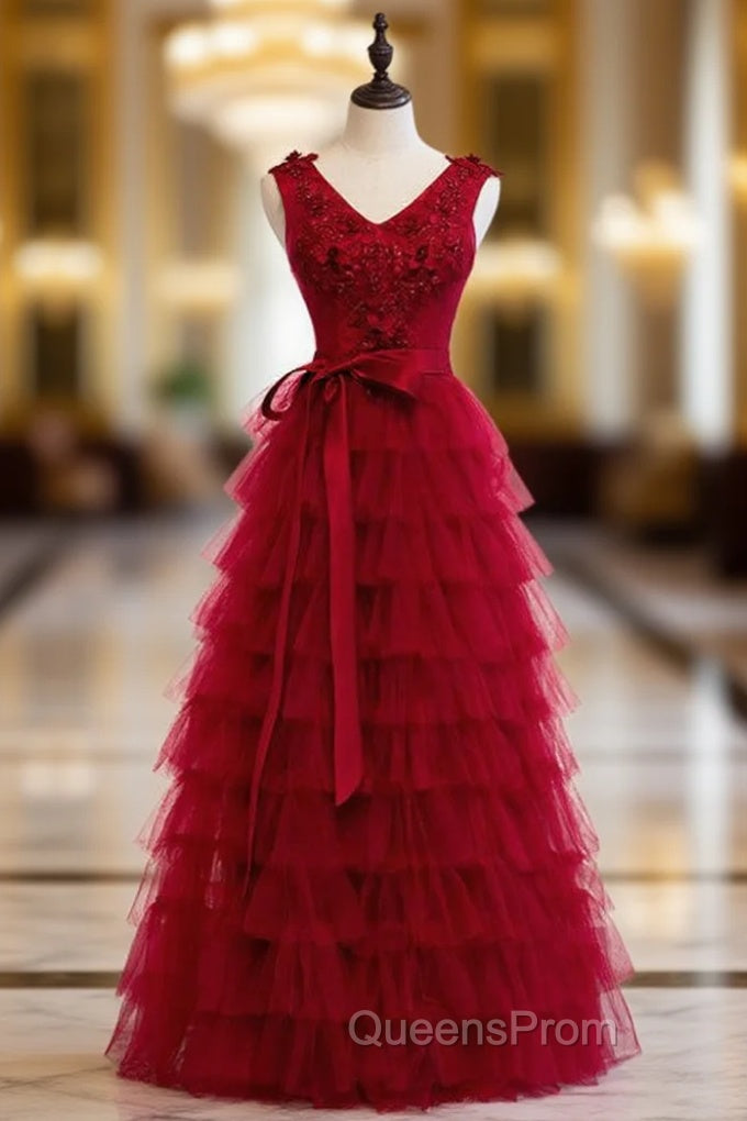 A-Line Burgundy Tulle Tiers Appliques Beading Evening Prom Dress Main image
