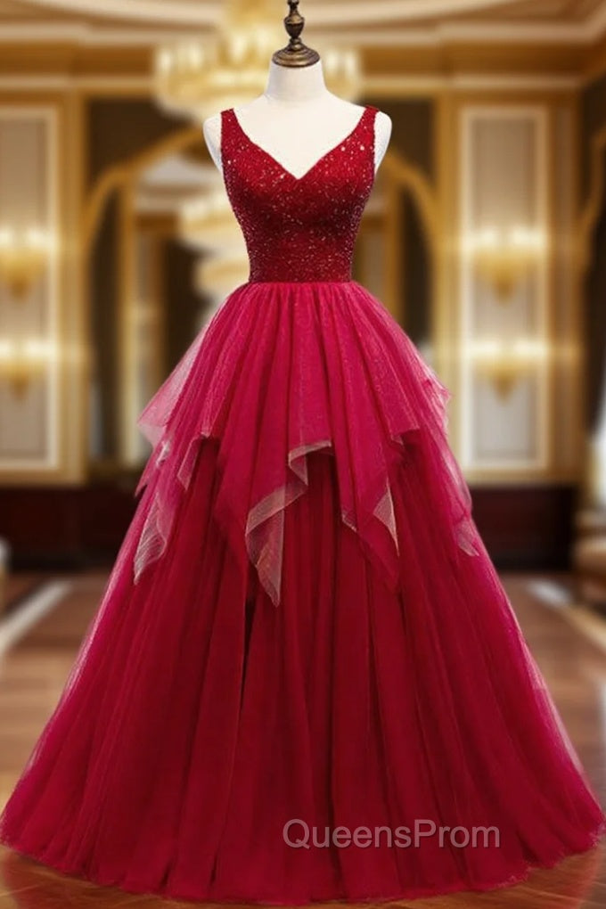 A-Line Burgundy Tulle V-neck Backless Beading Evening Prom Dress Main image