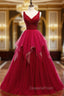 A-Line Burgundy Tulle V-neck Backless Beading Evening Prom Dress