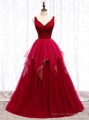 A-Line Burgundy Tulle V-neck Backless Beading Prom Dress
