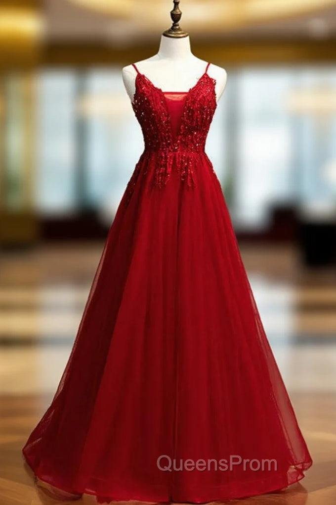 A-Line Burgundy Tulle V-neck Embrodiery Evening Prom Dress