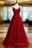 A-Line Burgundy Tulle V-neck Embrodiery Evening Prom Dress
