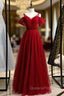 A-Line Burgundy Tulle V-neck Long Evening Prom Dress