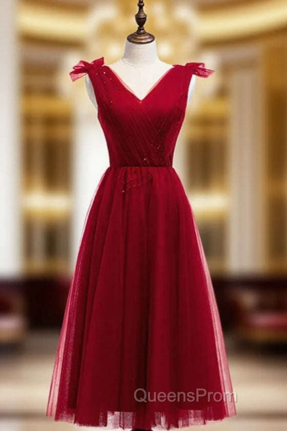 A-line Burgundy Tulle V-neck Pleats Beading Tea Length Evening Prom Dress Main image