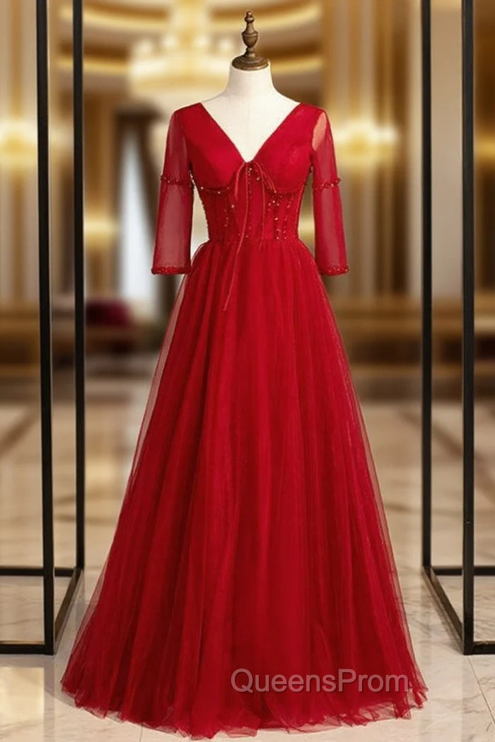 A-Line Burgundy Tulle V-neck Short Sleeve Beading Evening Prom Dress