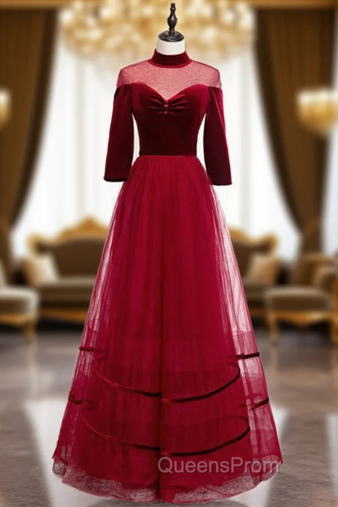 A-Line Burgundy Tulle Velvet High Neck Long Sleeve Evening Prom Dress