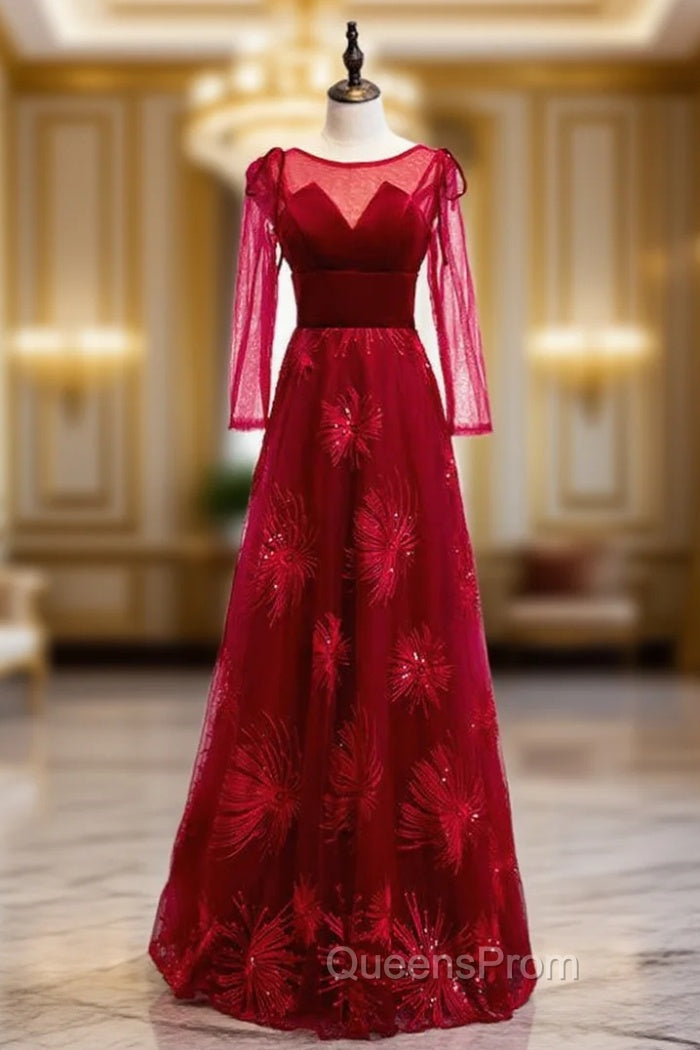 A-Line Burgundy Tulle Velvet Long Sleeve Evening Prom Dress