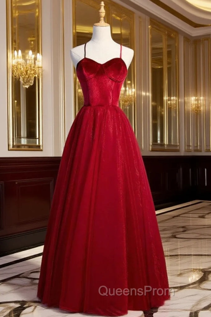A-Line Burgundy Tulle Velvet Spaghetti Straps Evening Prom Dress Main image