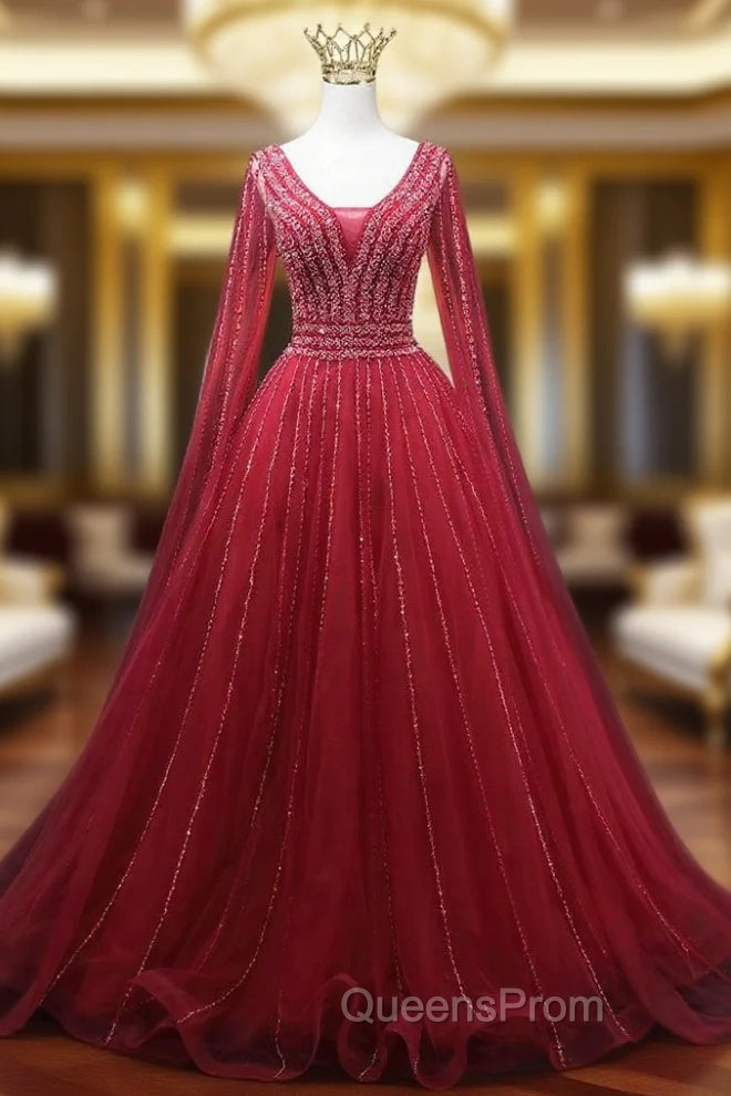 A-line Burgundy V-neck Beading Evening Prom Dress