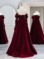 A-Line Burgundy Velvet Long Classy Prom Dress, Burgundy Prom Dress