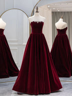 A-Line Burgundy Velvet Long Classy Prom Dress, Burgundy Prom Dress