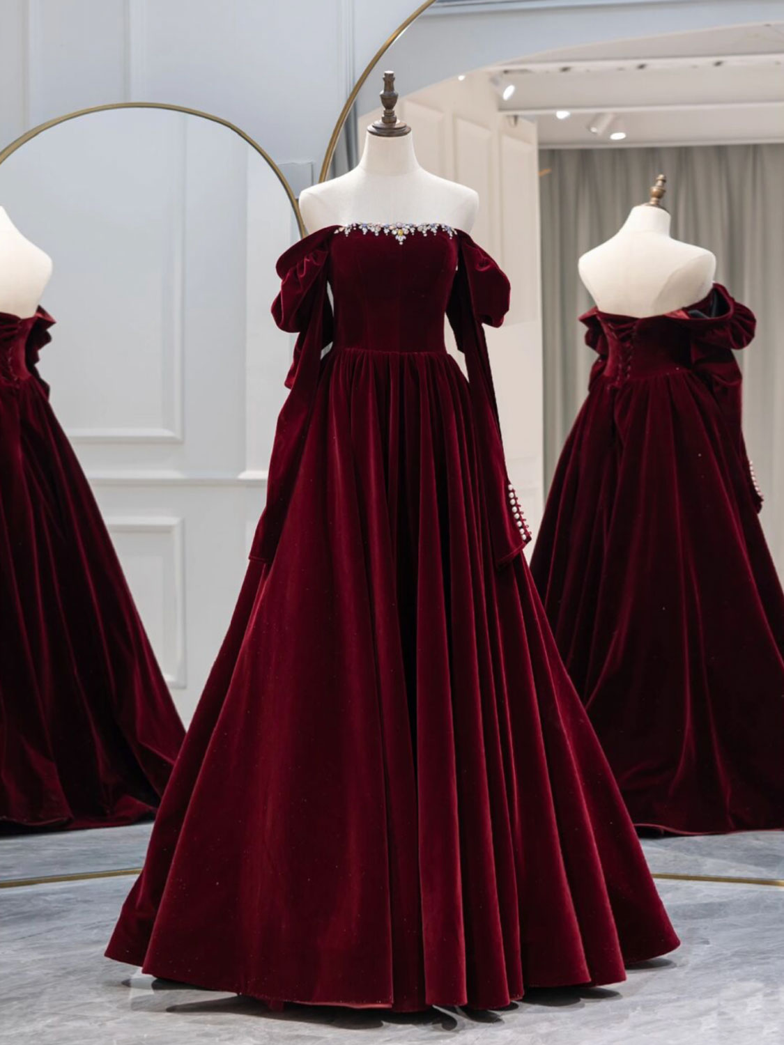 A-Line Burgundy Velvet Long Classy Prom Dress, Burgundy Prom Dress Main image