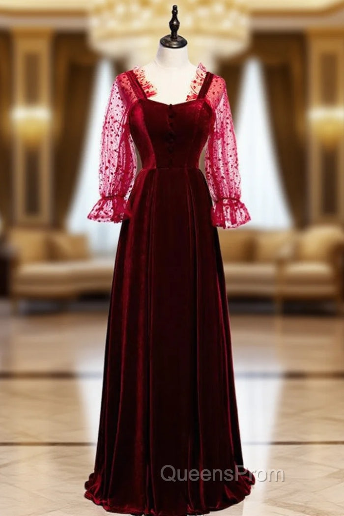A-Line Burgundy Velvet Long Sleeve Backless Evening Prom Dress Main image