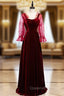 A-Line Burgundy Velvet Long Sleeve Backless Evening Prom Dress