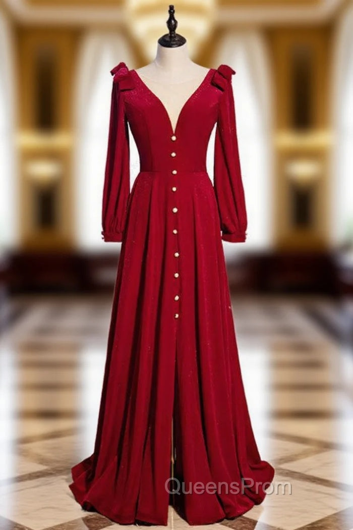 A-Line Burgundy Velvet Long Sleeve Evening Prom Dress With Split Main image