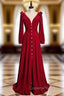A-Line Burgundy Velvet Long Sleeve Evening Prom Dress With Split