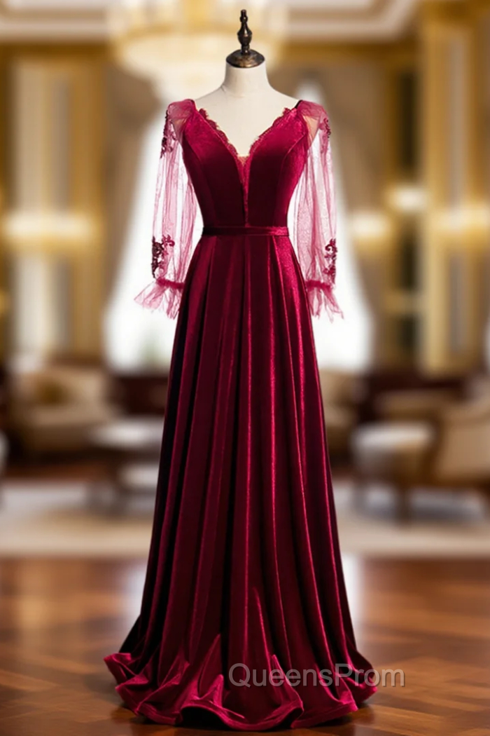 A-Line Burgundy Velvet Long Sleeve V-neck Evening Prom Dress