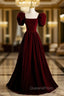 A-Line Burgundy Velvet Puff Sleeve Evening Prom Dress