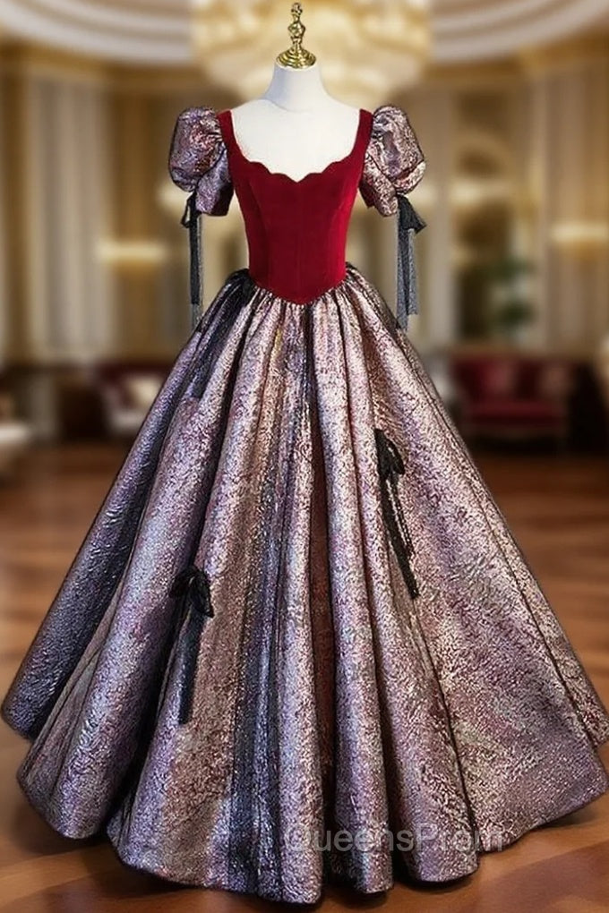 A-Line Burgundy Velvet Short Sleeve Bow Evening Prom Dress Main image
