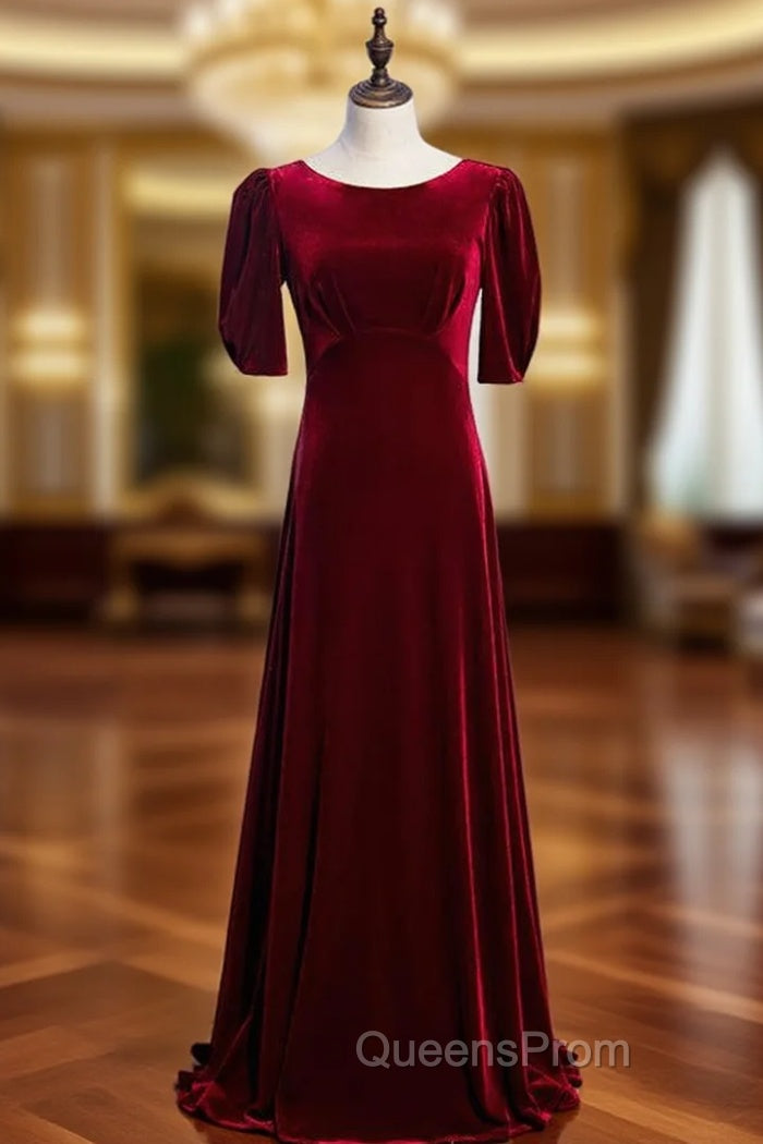 A-Line Burgundy Velvet Short Sleeve Pleats Evening Prom Dress Main image