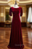 A-Line Burgundy Velvet Short Sleeve Pleats Evening Prom Dress