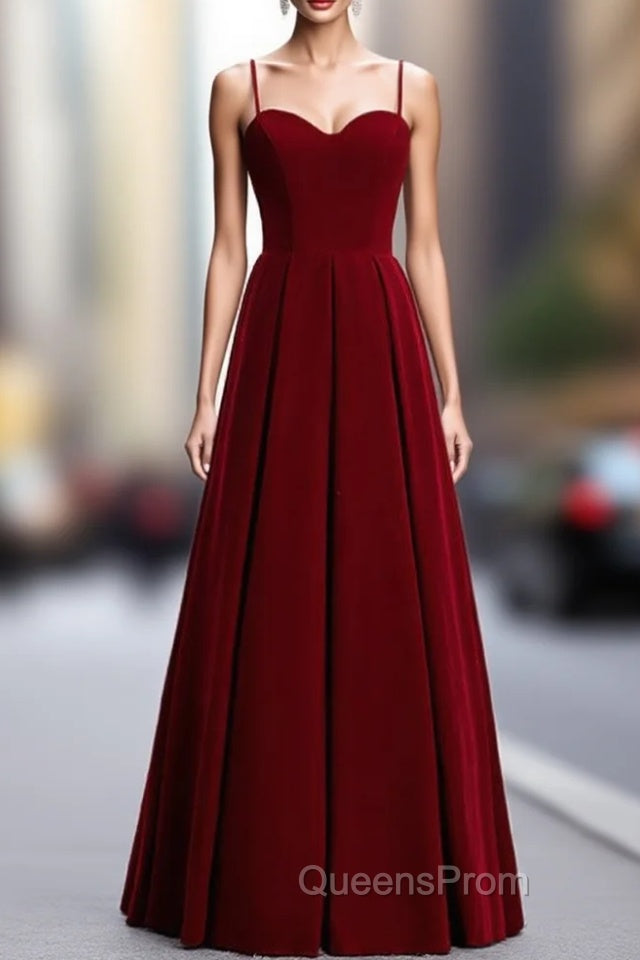 A-Line Burgundy Velvet Spagehtti Straps Pleats Evening Prom Dress Main image