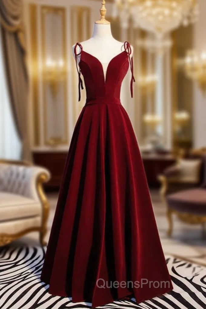 A-Line Burgundy Velvet Spaghetti Straps Evening Prom Dress