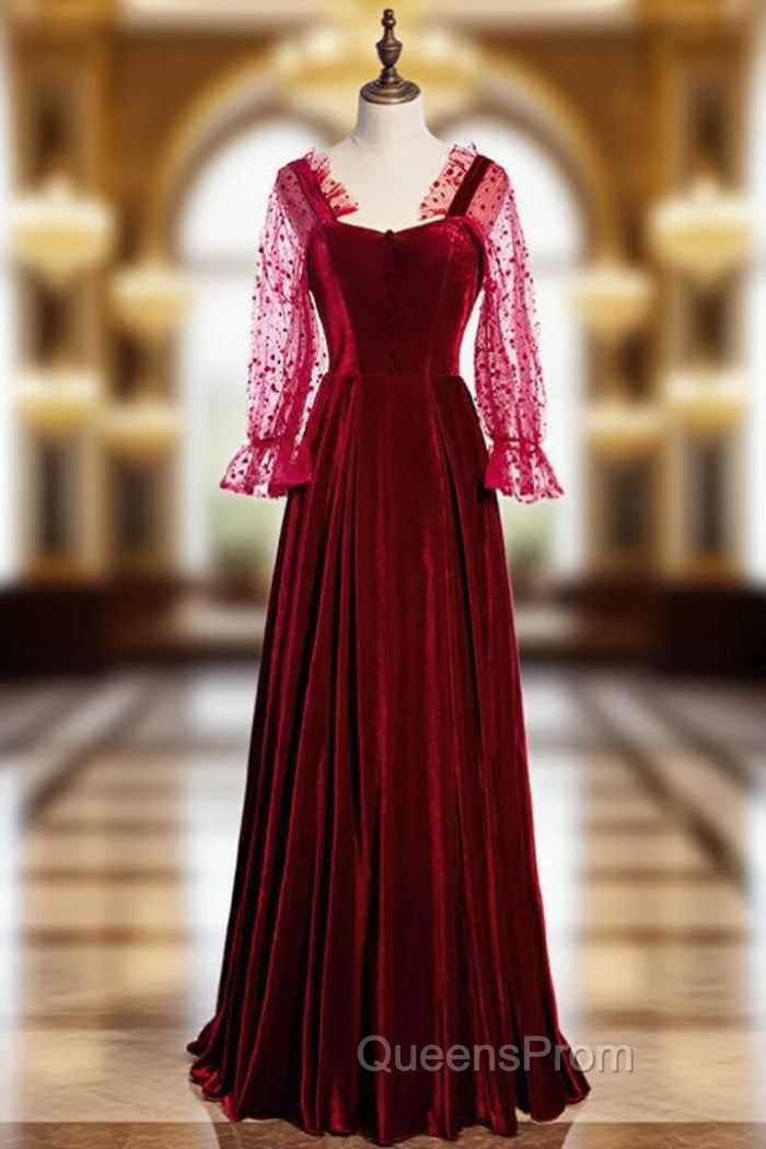 A-Line Burgundy Velvet Square Long Sleeve Wave Point Evening Prom Dress