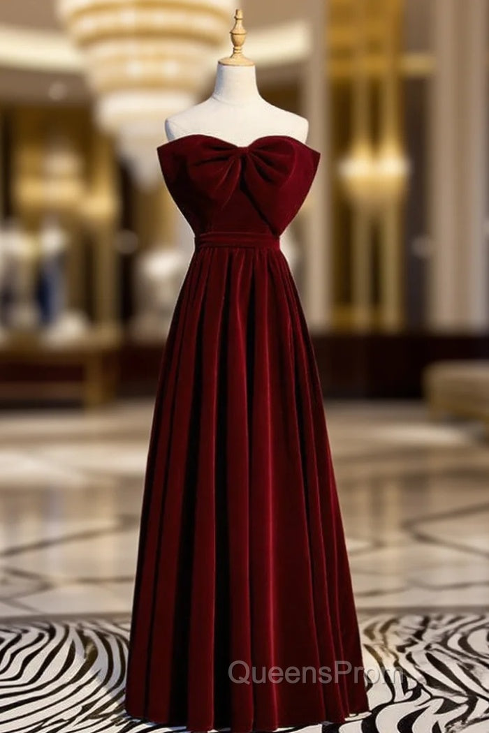 A-Line Burgundy Velvet Strapless Long Evening Prom Dress With Bow