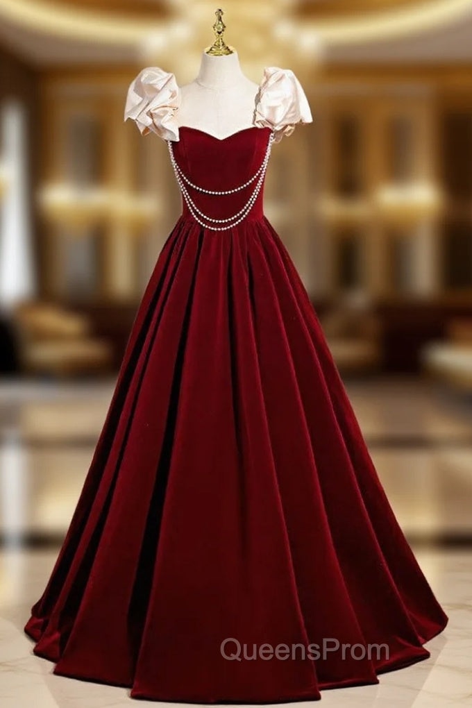 A-Line Burgundy Velvet Straps Pearls Evening Prom Dress