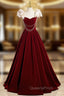 A-Line Burgundy Velvet Straps Pearls Evening Prom Dress