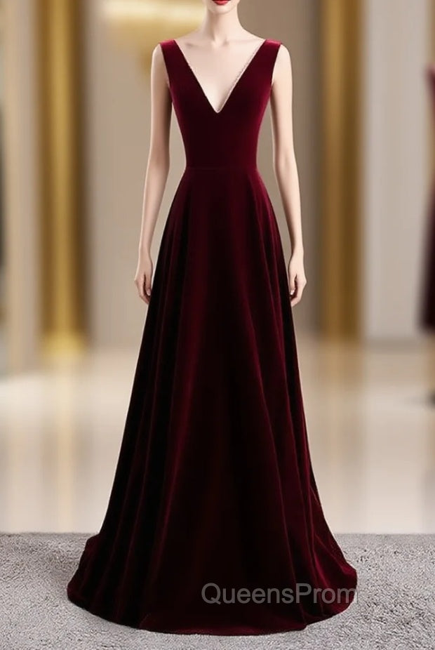 A-Line Burgundy Velvet V-neck Backless Evening Prom Dress Main image