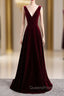 A-Line Burgundy Velvet V-neck Backless Evening Prom Dress