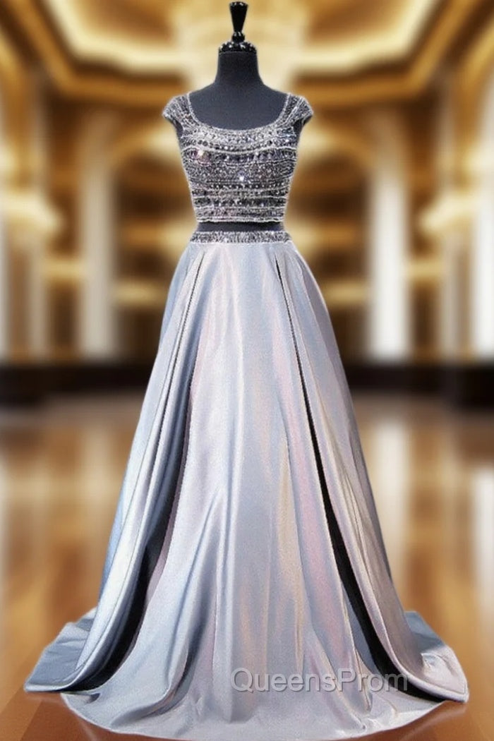 A-line Cap Sleeve Beaded Crystals Grey Backless Two Piece Evening Prom Dress