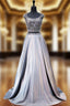 A-line Cap Sleeve Beaded Crystals Grey Backless Two Piece Evening Prom Dress