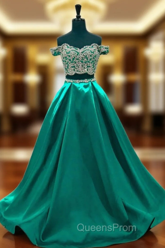 A-line Cap Sleeve Beaded Lace Green Two Piece Evening Prom Dress Main image