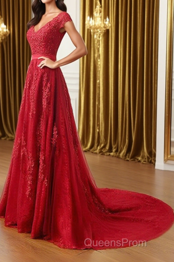 A Line Cap Sleeves Burgundy Lace Long Evening Prom Dress with Appliques, Burgundy Formal Dress, Burgundy Evening Dress Main image
