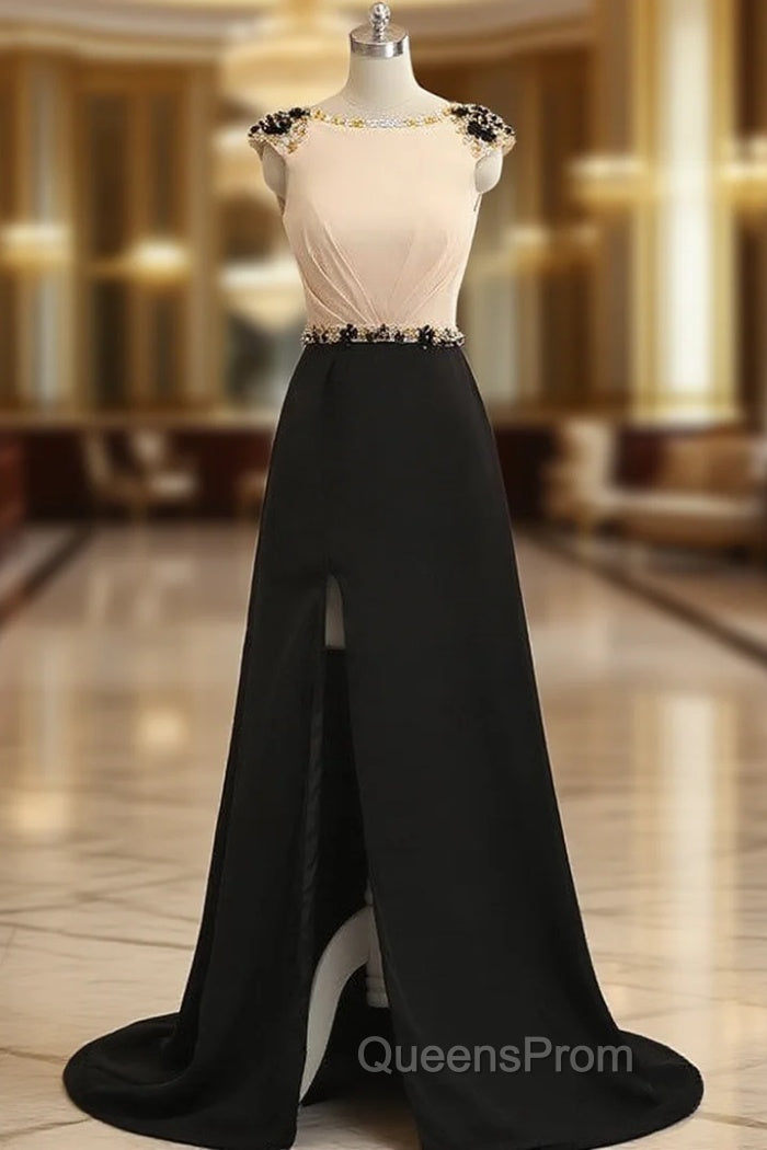 A-Line Champagne Black Cap Sleeve Backless Long Evening Prom Dress Main image