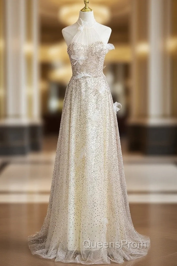A-line Champagne Halter Sequins Evening Prom Dress Main image