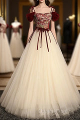 A line champagne long Evening Prom Dress, champagne tulle formal evening Dress