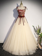 A line champagne long Evening Prom Dress, champagne tulle formal evening Dress